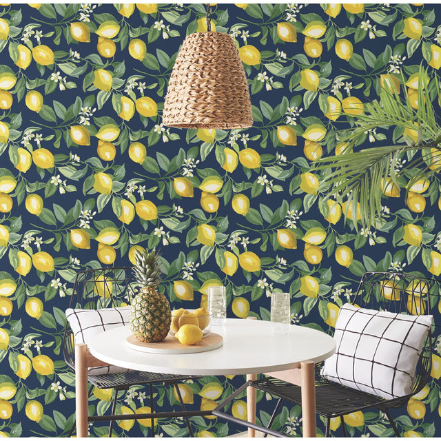 Lemon Zest Yellow and Navy Peel & Stick Wallpaper with Fruit Botanical Pattern, Kitchen & Bath - York RMK11657WP