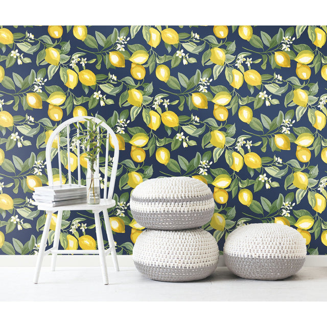Lemon Zest Yellow and Navy Peel & Stick Wallpaper with Fruit Botanical Pattern, Kitchen & Bath - York RMK11657WP