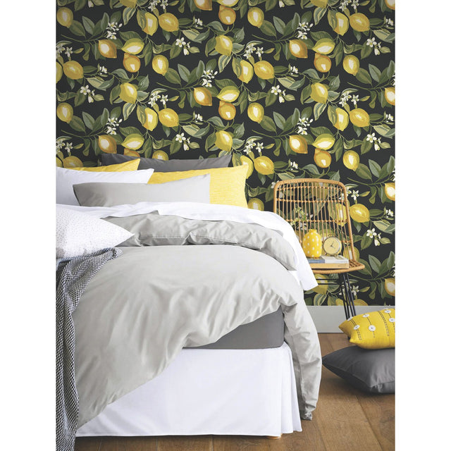 Lemon Zest Yellow Peel & Stick Wallpaper with Fruit Botanical Pattern - York RMK11658WP