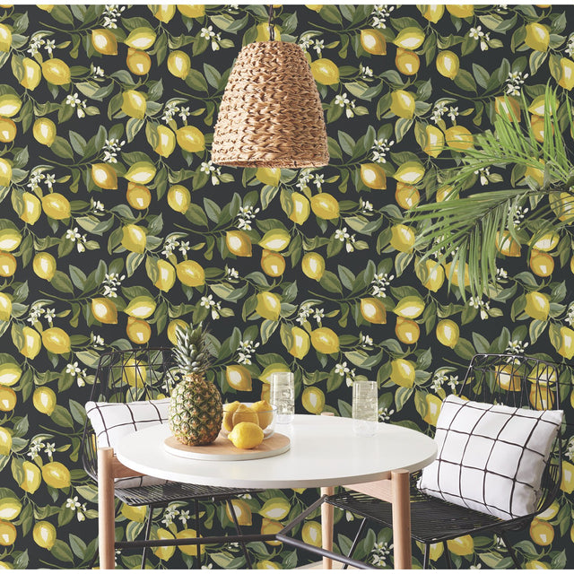 Lemon Zest Yellow Peel & Stick Wallpaper with Fruit Botanical Pattern - York RMK11658WP