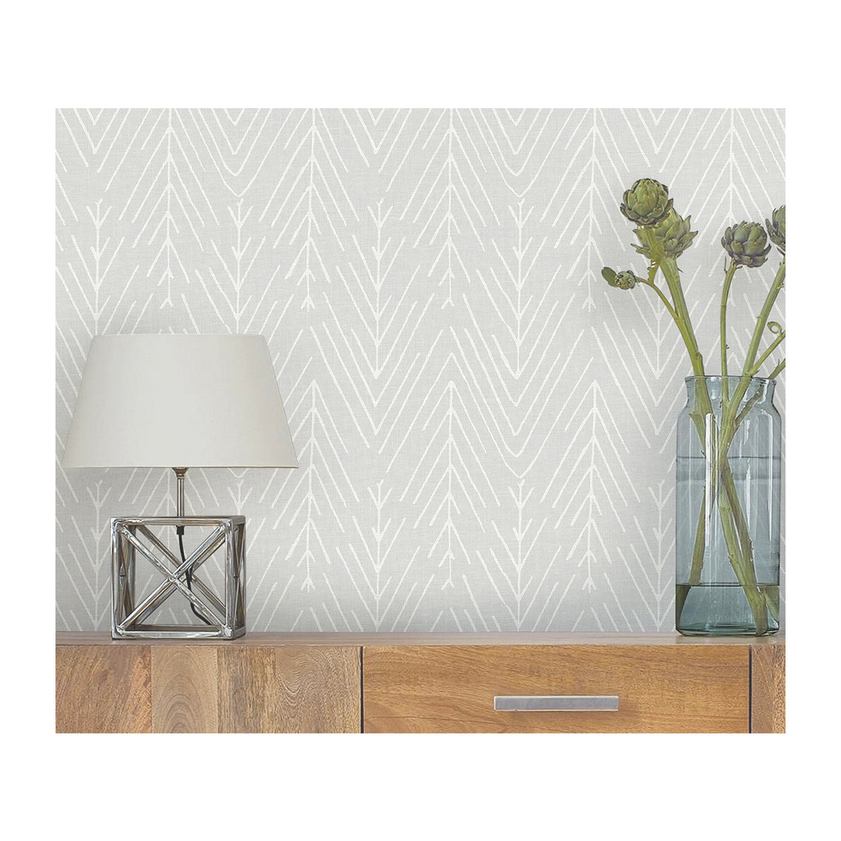 Twig Hygge Herringbone Grey Modern Geometric Peel and Stick Wallpaper, Botanical Design, Fully Removable Vinyl Wallpaper by RoomMates - RMK11672WPZ