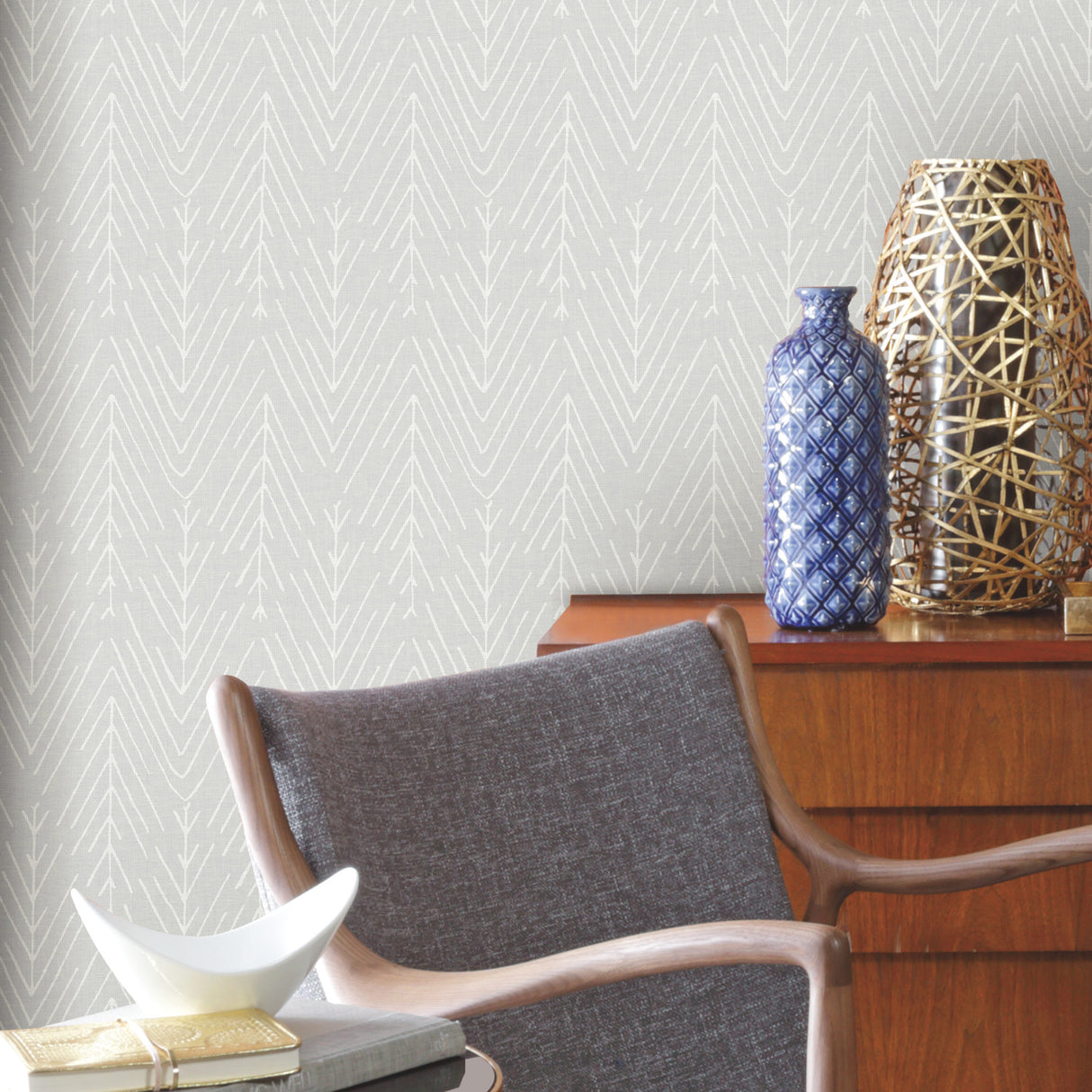 Twig Hygge Herringbone Grey Modern Geometric Peel and Stick Wallpaper, Botanical Design, Fully Removable Vinyl Wallpaper by RoomMates - RMK11672WPZ