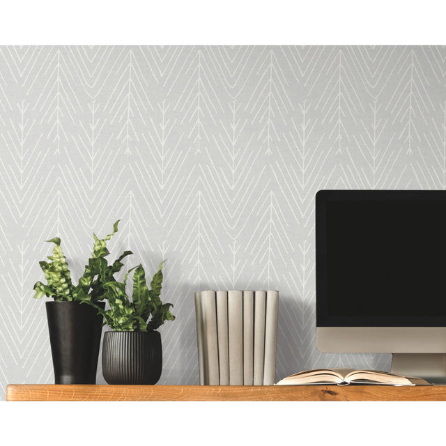 Twig Hygge Herringbone Grey Peel & Stick Wallpaper with Modern Botanical Novelty Pattern - York RMK11672WP