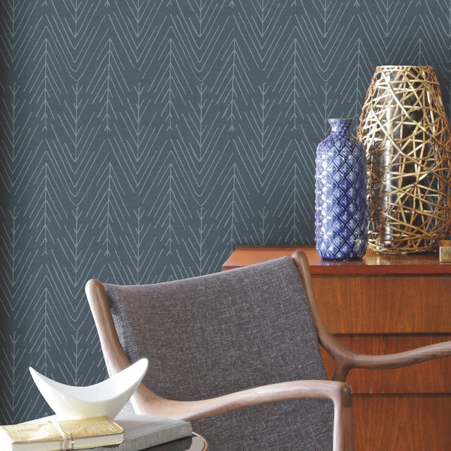 Twig Hygge Herringbone Navy Peel & Stick Wallpaper with Modern Botanical Novelty Pattern - York RMK11673WP