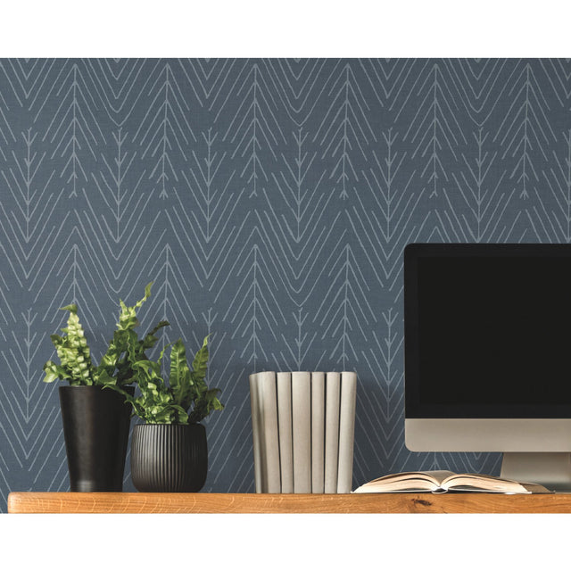 Twig Hygge Herringbone Navy Peel & Stick Wallpaper with Modern Botanical Novelty Pattern - York RMK11673WP