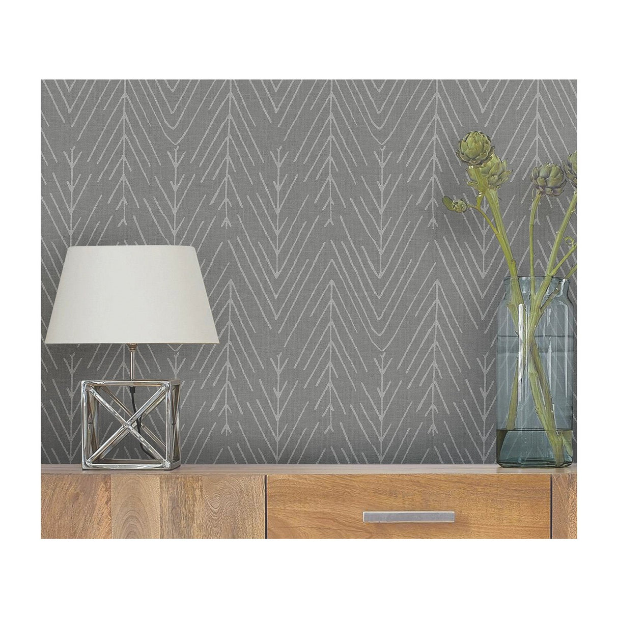 Twig Hygge Herringbone Charcoal Peel & Stick Wallpaper with Modern Botanical Novelty Pattern - York RMK11674WP