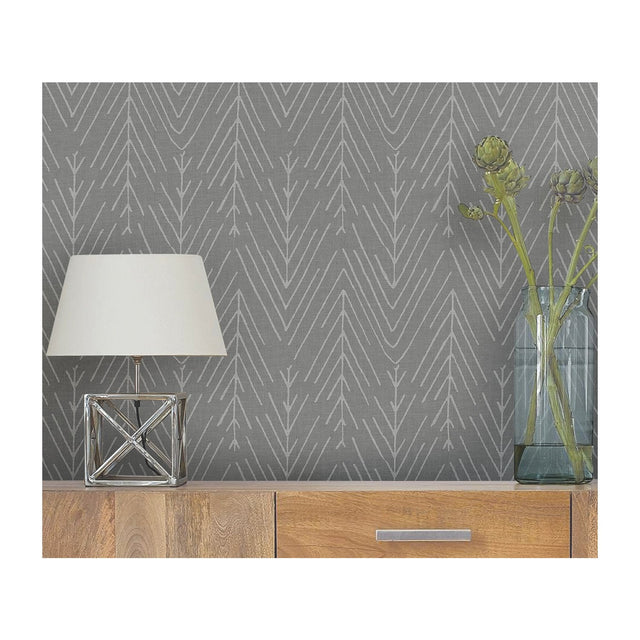 Twig Hygge Herringbone Charcoal Peel & Stick Wallpaper with Modern Botanical Novelty Pattern - York RMK11674WP