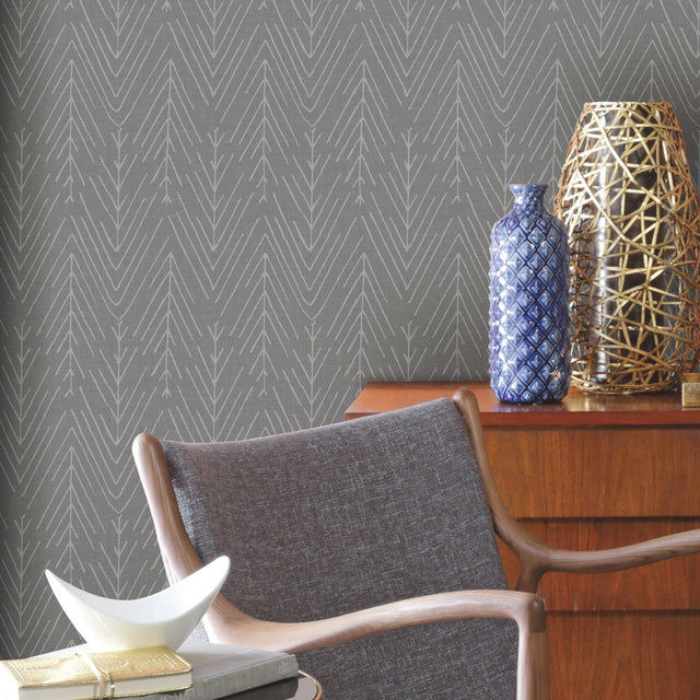 Twig Hygge Herringbone Charcoal Peel & Stick Wallpaper with Modern Botanical Novelty Pattern - York RMK11674WP