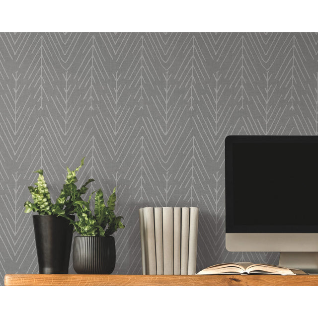 Twig Hygge Herringbone Charcoal Peel & Stick Wallpaper with Modern Botanical Novelty Pattern - York RMK11674WP