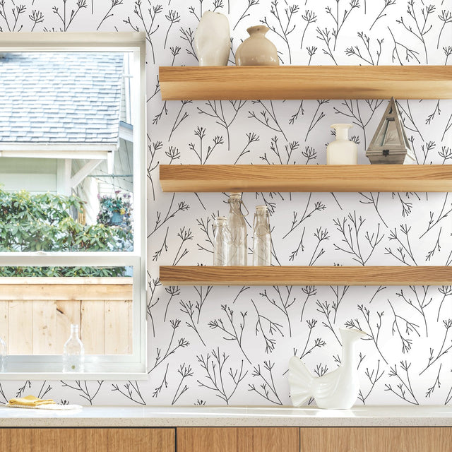 Twigs Black Peel & Stick Wallpaper with Scandinavian Twig Sketch Pattern, Modern - York RMK11675WP