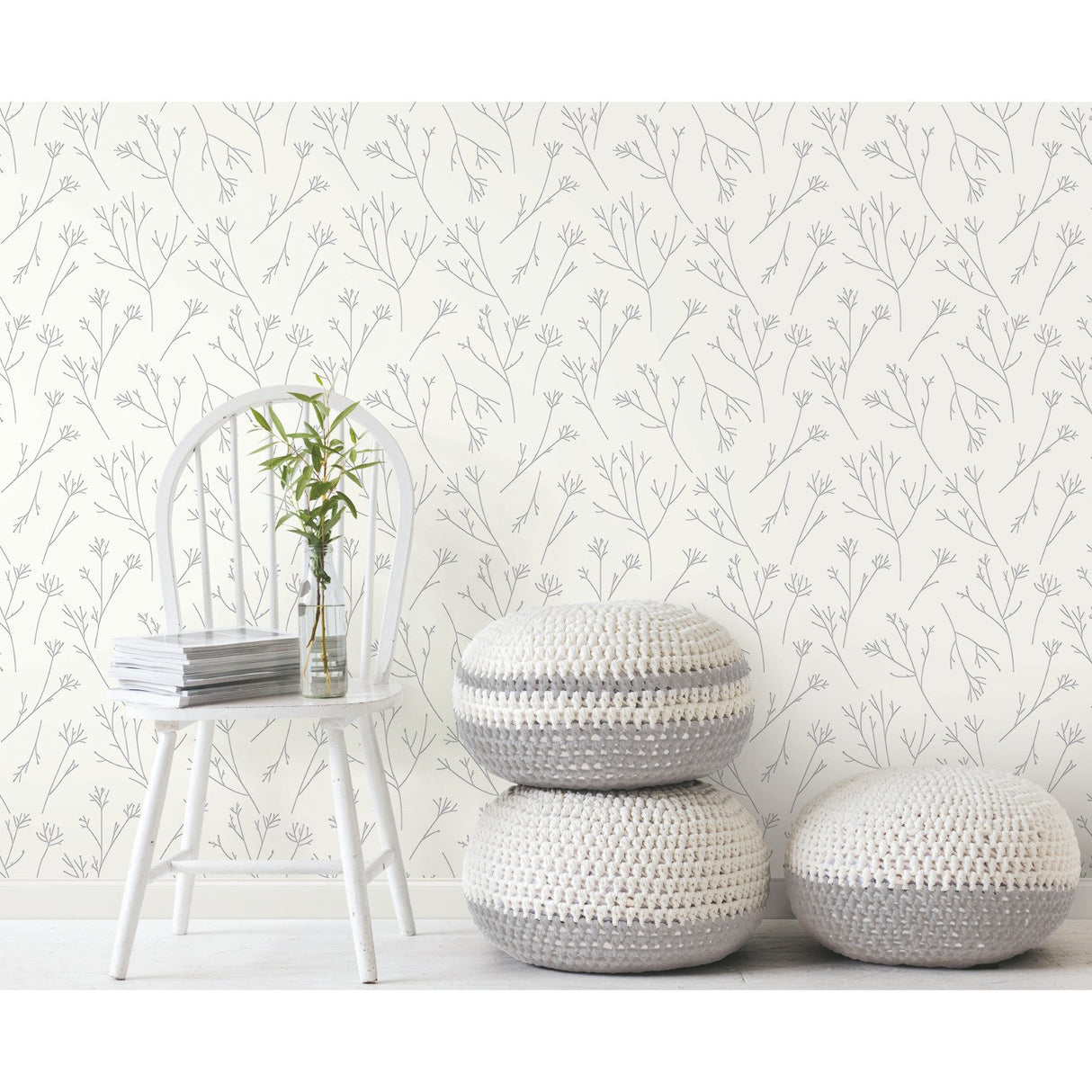 Twigs Grey Peel & Stick Wallpaper with Modern Botanical Twig Motif - York RMK11677WP