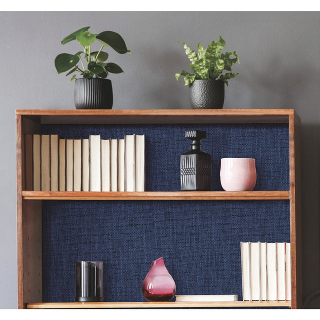 Faux Grasscloth Weave Navy Peel & Stick Wallpaper with Traditional Nature Pattern - RoomMates RMK11698RL