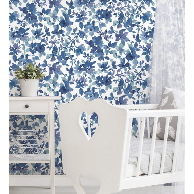 Watercolor Floral Blue Peel & Stick Wallpaper