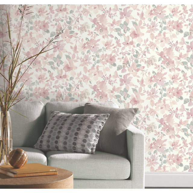 Watercolor Floral Pink Peel & Stick Wallpaper with Botanical Floral Pattern, Transitional Style - York RMK11702WP