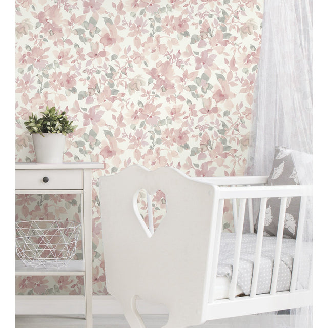 Watercolor Floral Pink Peel & Stick Wallpaper with Botanical Floral Pattern, Transitional Style - York RMK11702WP