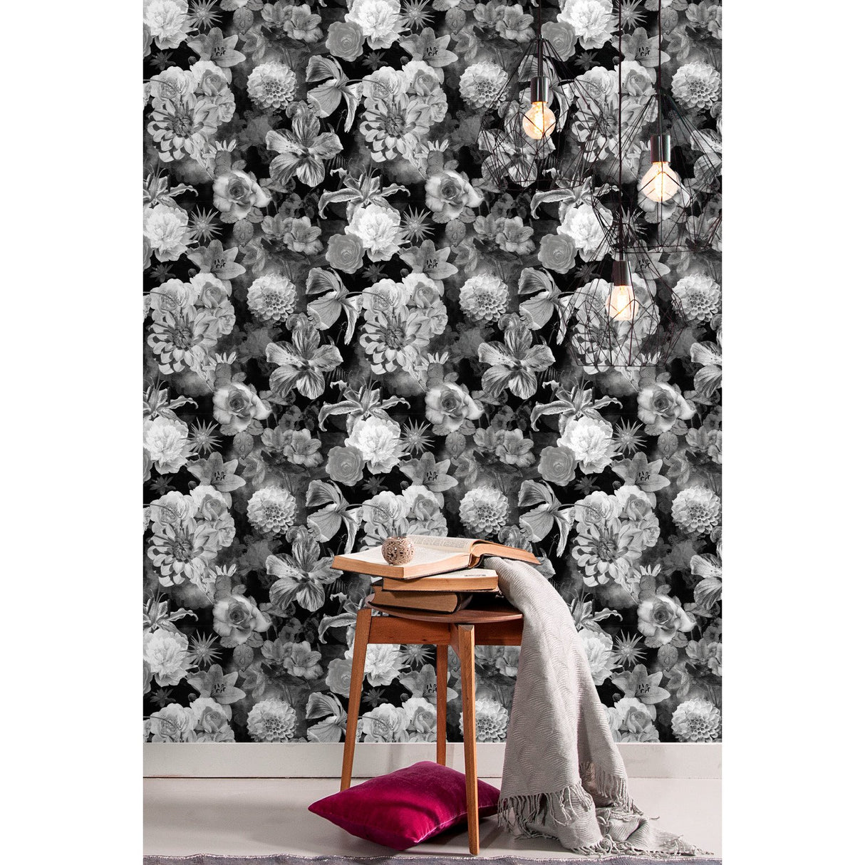 Vintage Floral Blooms Black Peel & Stick Wallpaper with Vintage Botanical Floral Pattern - York RMK11718RL