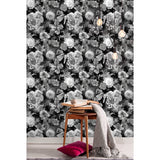 Vintage Floral Blooms Black Peel & Stick Wallpaper with Vintage Botanical Floral Pattern - York RMK11718RL