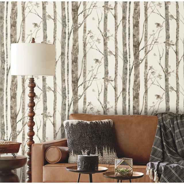 Trees Taupe Peel & Stick Wallpaper with Modern Nature Birch Motif - York RMK11727WP