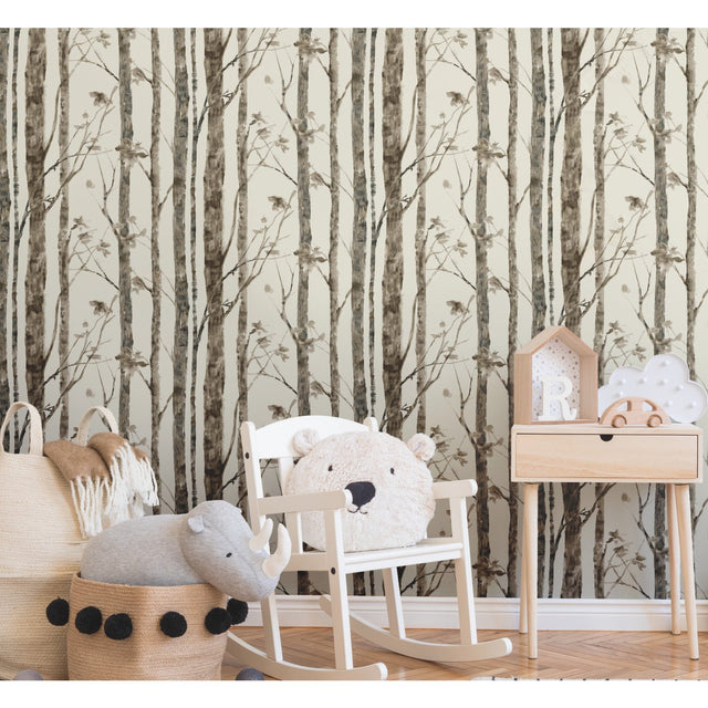 Trees Taupe Peel & Stick Wallpaper with Modern Nature Birch Motif - York RMK11727WP