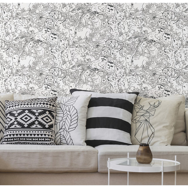 Woodland Sketch Black Peel & Stick Wallpaper with Woodland Animal Novelty Pattern - York RMK11729RL