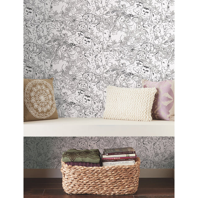Woodland Sketch Black Peel & Stick Wallpaper with Woodland Animal Novelty Pattern - York RMK11729RL