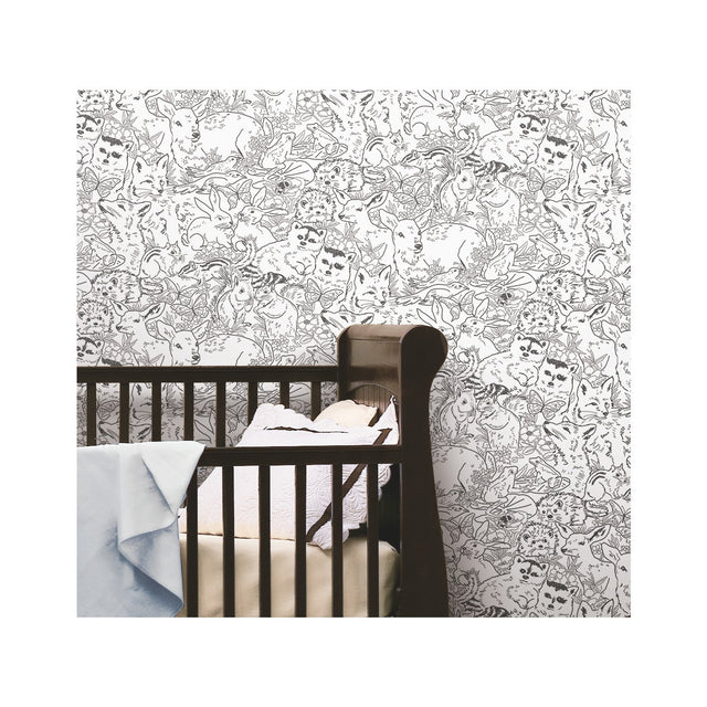 Woodland Sketch Black Peel & Stick Wallpaper with Woodland Animal Novelty Pattern - York RMK11729RL