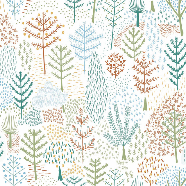 Folklore Trees Blue Peel & Stick Wallpaper with Whimsical Botanical Tree Pattern - RoomMates RMK11734RL