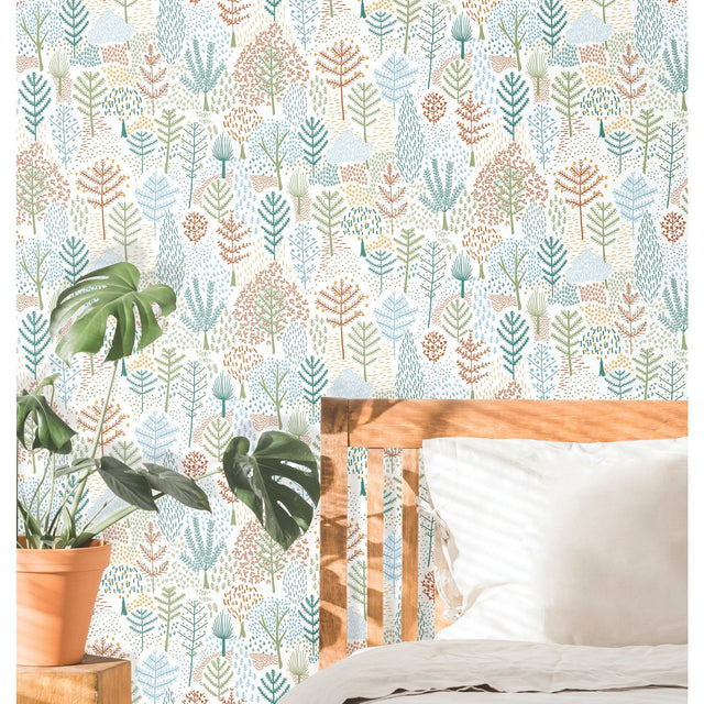 Folklore Trees Blue Peel & Stick Wallpaper with Whimsical Botanical Tree Pattern - RoomMates RMK11734RL