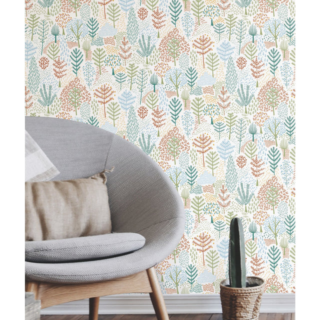 Folklore Trees Blue Peel & Stick Wallpaper with Whimsical Botanical Tree Pattern - RoomMates RMK11734RL