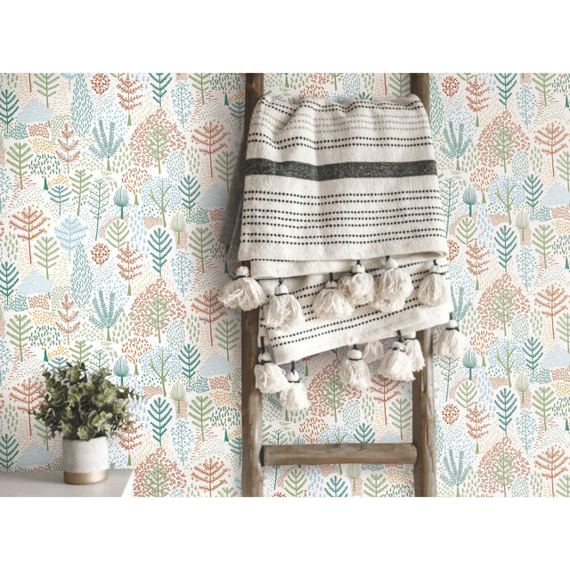 Folklore Trees Blue Peel & Stick Wallpaper with Whimsical Botanical Tree Pattern - RoomMates RMK11734RL
