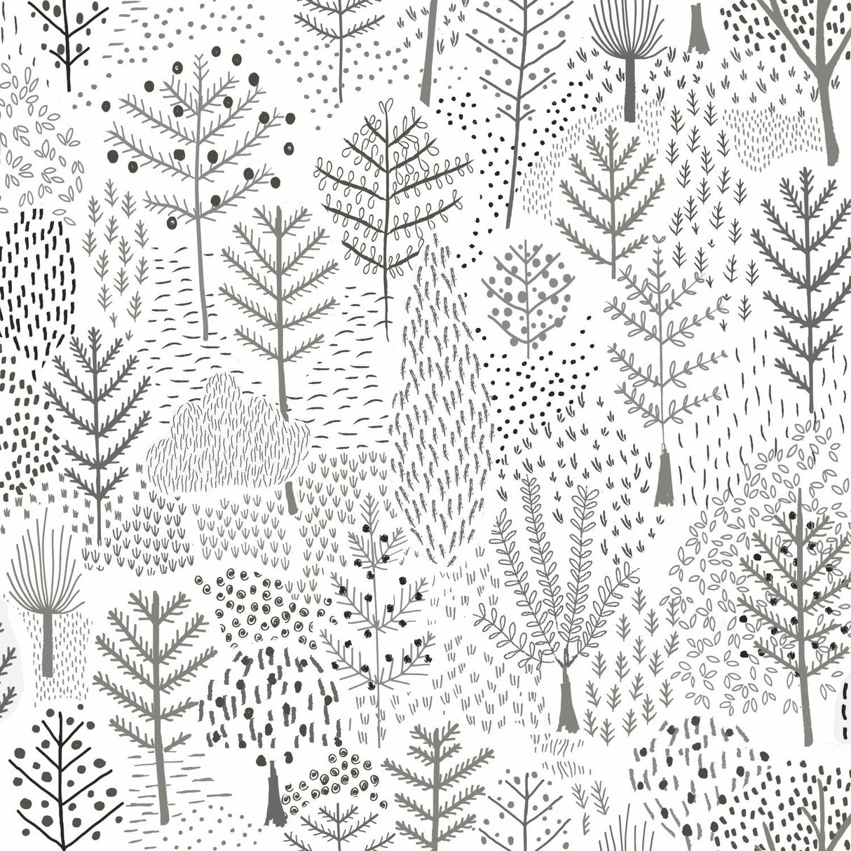 Folklore Trees Grey Peel & Stick Wallpaper with Whimsical Botanical Trees Pattern - York RMK11736RL