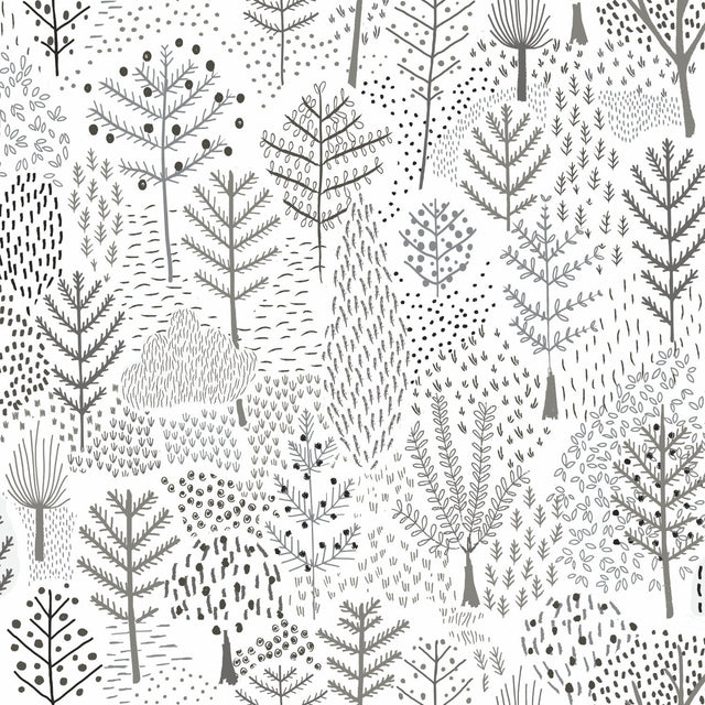 Folklore Trees Grey Peel & Stick Wallpaper with Whimsical Botanical Trees Pattern - York RMK11736RL