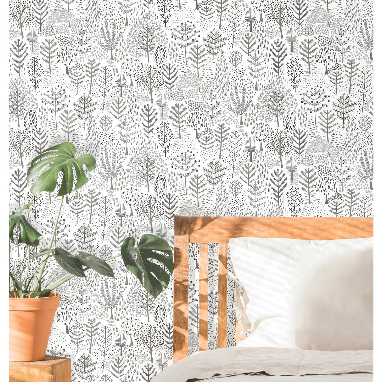 Folklore Trees Grey Peel & Stick Wallpaper with Whimsical Botanical Trees Pattern - York RMK11736RL