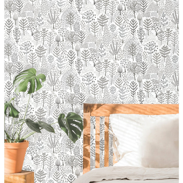 Folklore Trees Grey Peel & Stick Wallpaper with Whimsical Botanical Trees Pattern - York RMK11736RL