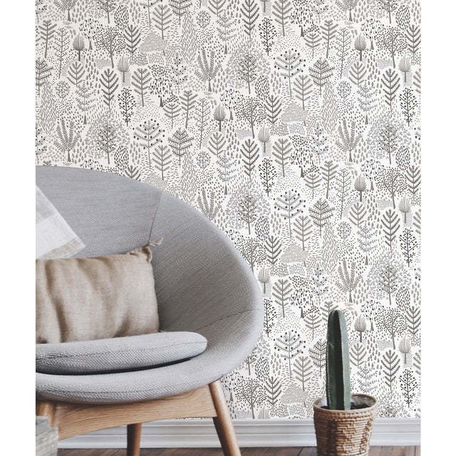 Folklore Trees Grey Peel & Stick Wallpaper with Whimsical Botanical Trees Pattern - York RMK11736RL