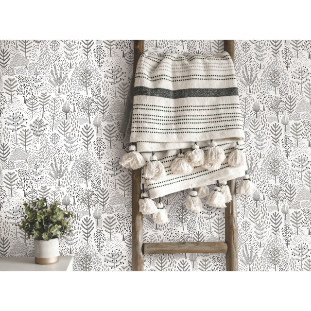 Folklore Trees Grey Peel & Stick Wallpaper with Whimsical Botanical Trees Pattern - York RMK11736RL