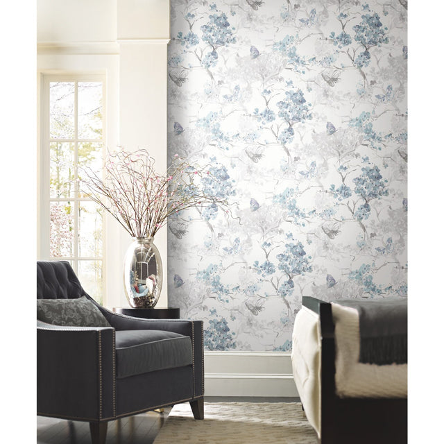Spring Cherry Blossoms Blue Peel & Stick Wallpaper with Botanical Floral Pattern, Traditional Style - York RMK11741RL