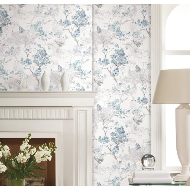 Spring Cherry Blossoms Blue Peel & Stick Wallpaper with Botanical Floral Pattern, Traditional Style - York RMK11741RL