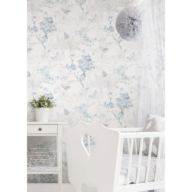 Spring Cherry Blossoms Blue Peel & Stick Wallpaper with Botanical Floral Pattern, Traditional Style - York RMK11741RL