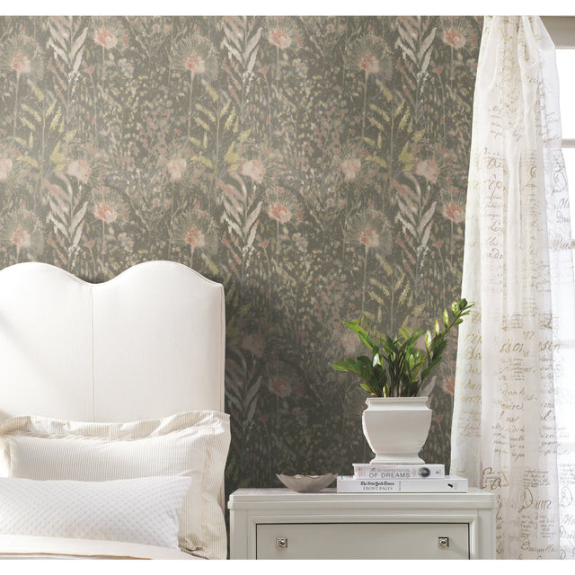 Dandelion Taupe Peel & Stick Wallpaper with Botanical Floral Motif - York RMK11742WP