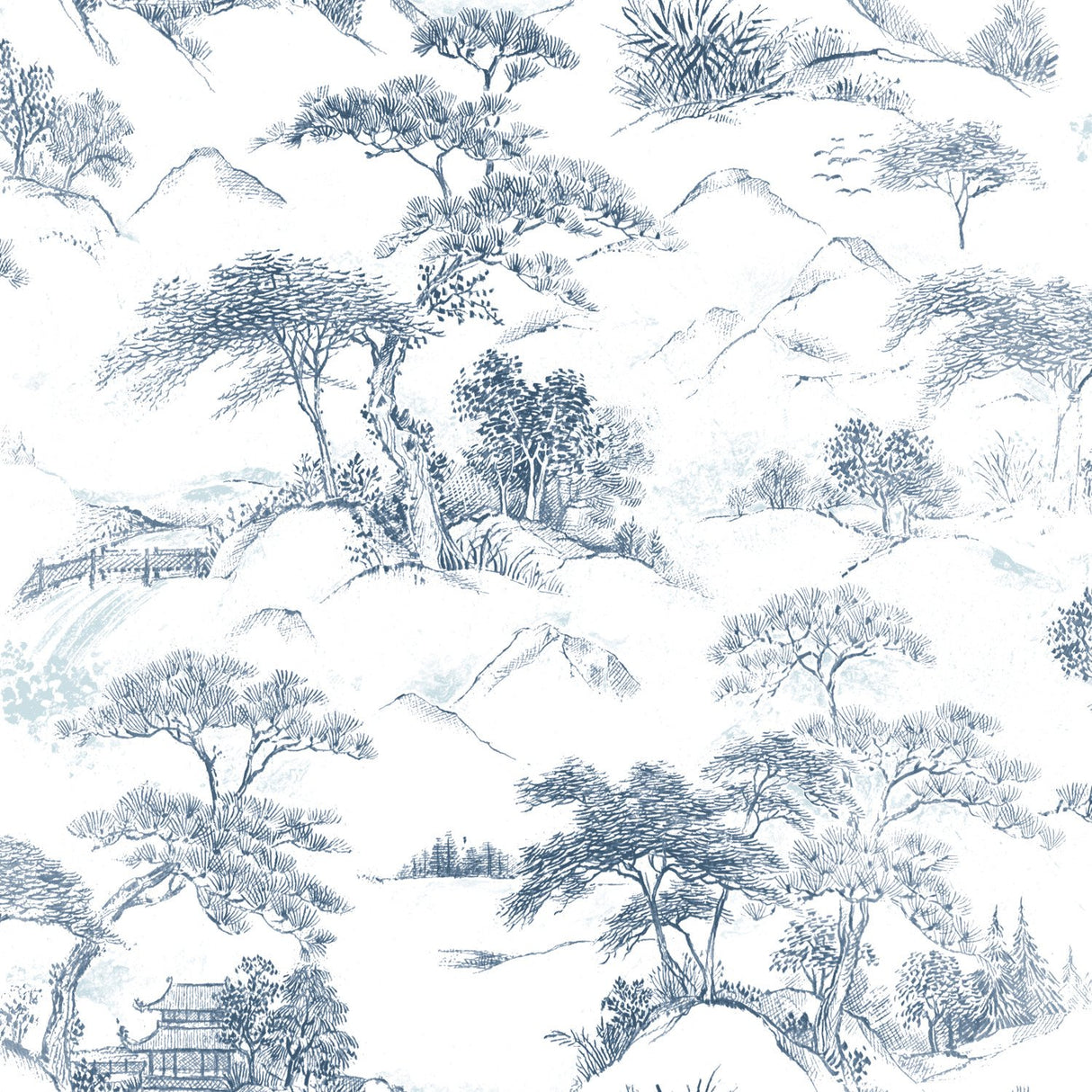 Oriental Toile Blue Peel & Stick Wallpaper with Traditional Global Toile Pattern - York RMK11754RL