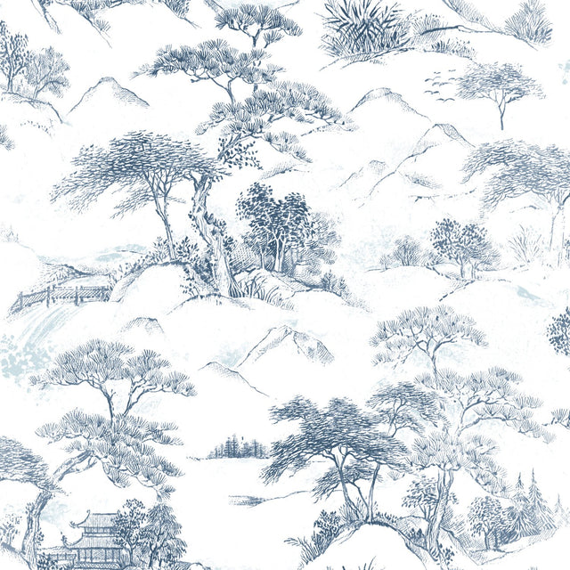 Oriental Toile Blue Peel & Stick Wallpaper with Traditional Global Toile Pattern - York RMK11754RL