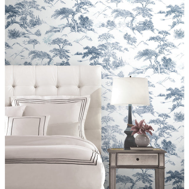 Oriental Toile Blue Peel & Stick Wallpaper with Traditional Global Toile Pattern - York RMK11754RL