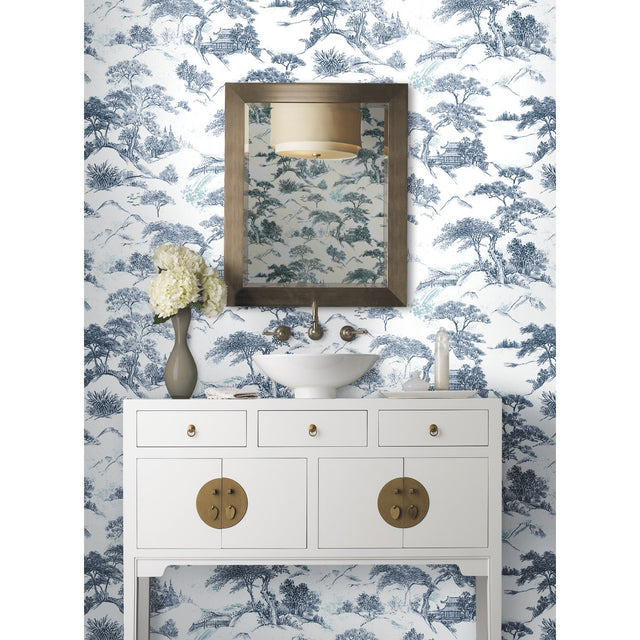 Oriental Toile Blue Peel & Stick Wallpaper with Traditional Global Toile Pattern - York RMK11754RL