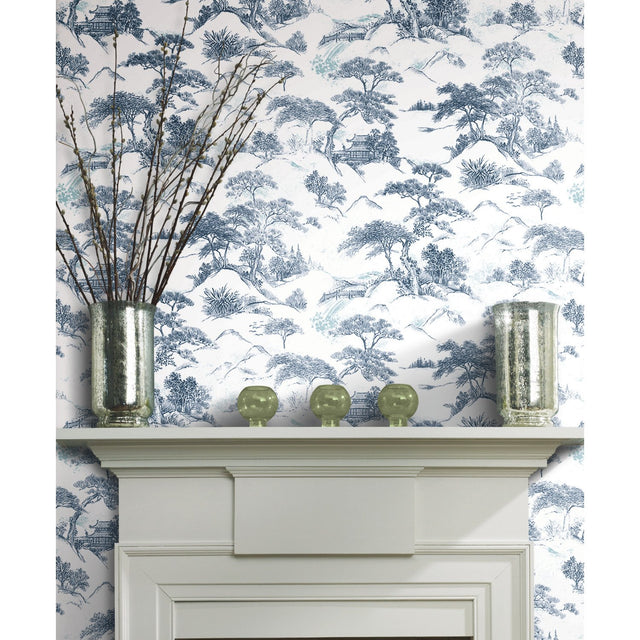 Oriental Toile Blue Peel & Stick Wallpaper with Traditional Global Toile Pattern - York RMK11754RL