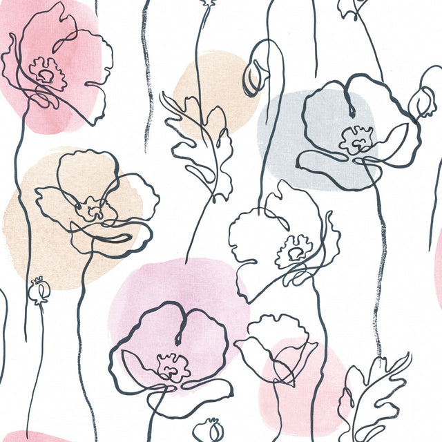 Modern Poppy Pink Peel & Stick Wallpaper with Botanical Floral Line Art - York RMK11756RL