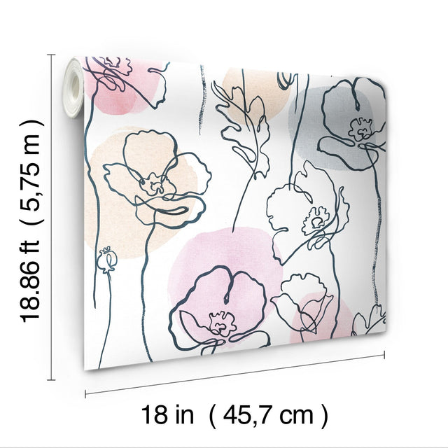 Modern Poppy Pink Peel & Stick Wallpaper with Botanical Floral Line Art - York RMK11756RL