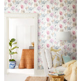 Modern Poppy Pink Peel & Stick Wallpaper with Botanical Floral Line Art - York RMK11756RL