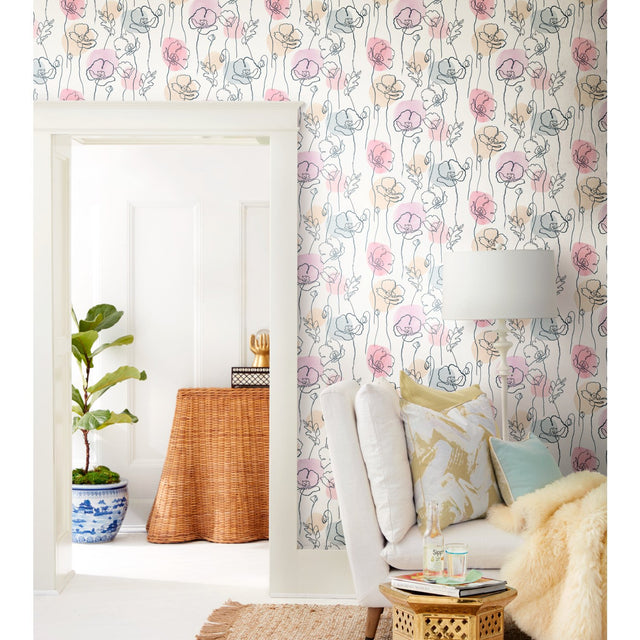 Modern Poppy Pink Peel & Stick Wallpaper with Botanical Floral Line Art - York RMK11756RL