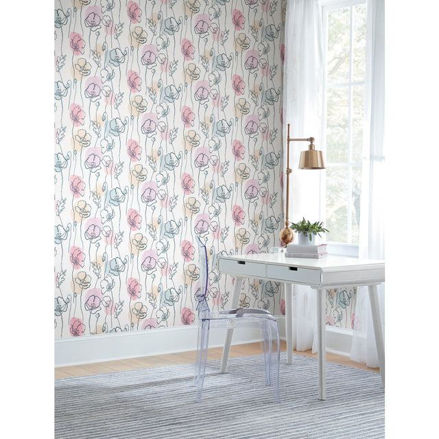 Modern Poppy Pink Peel & Stick Wallpaper with Botanical Floral Line Art - York RMK11756RL